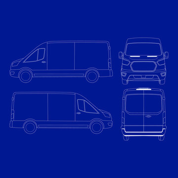 Van Blueprint Orthographic Technical Drawing Template, set of cars