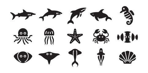 Collection of marine life silhouettes including sharks, whales, and sea creatures © Shohag