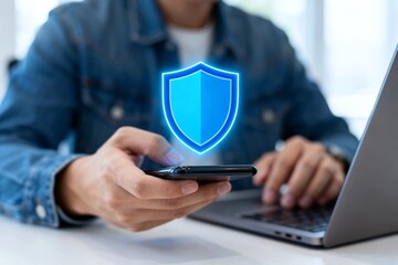 Fototapeta premium Person using smartphone with digital security shield icon