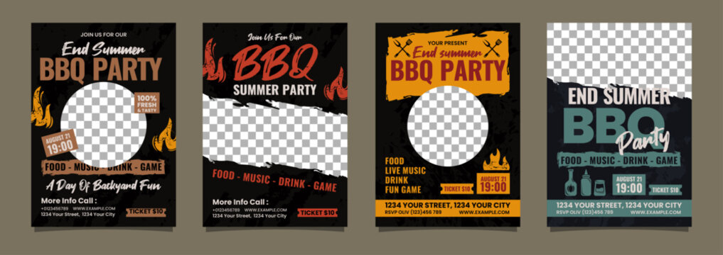 Set of collection End summer BBQ party flyer or poster editable template design