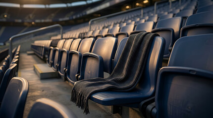 Fototapeta premium A dark blanket draped over an empty blue stadium seat in a large, quiet arena.