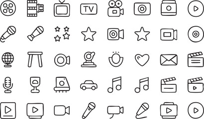 Fototapeta premium Video Streaming and Entertainment Outline Icons with Cameras, Players and Microphones