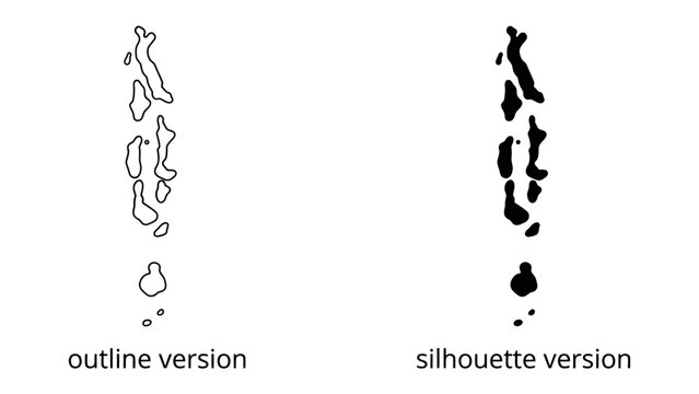 Maldives Outline and Silhouette: Two distinct representations of the island nation, one showing the intricate outline and the other a solid silhouette, perfect for design and informational graphics.