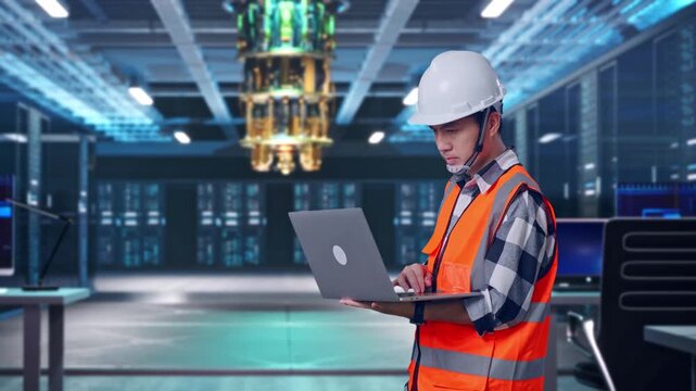 Side View Of Asian Male Engineer With Safety Helmet Working On A Laptop While Standing at Futuristic Quantum Computer Data Center Control Room