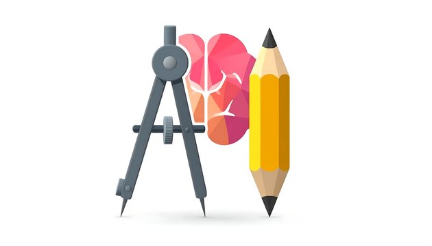 Creative AI Concept with Compass Pencil and Brain Illustration.