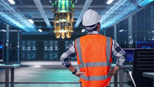 Back View Of A Male Engineer Wearing Safety Helmet Looking Around While Standing With Arms Akimbo at Futuristic Quantum Computer Data Center Control Room