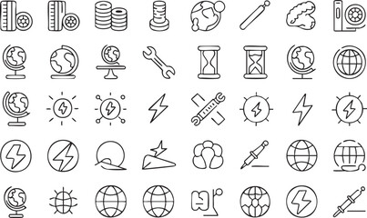Sustainable Earth and Renewable Energy Outline Icons with Globes and Lightning © Icon Nest