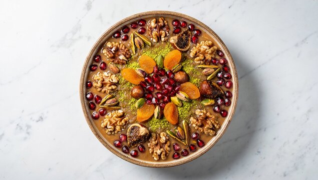 Traditional Turkish Ashure Dessert with Dried Fruits, Nuts and Pomegranate &ndash; Top View