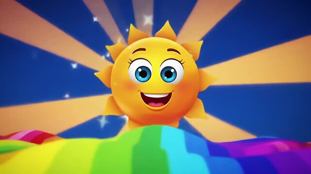 Cute and colorful cartoon illustrations featuring cheerful smiling suns with bright yellow rays, big expressive eyes, and vibrant rainbow backgrounds. Fun, playful, and whimsical artwork with a joyful