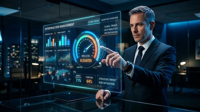 Business executive interacting with a futuristic holographic interface displaying complex data analytics and risk management metrics