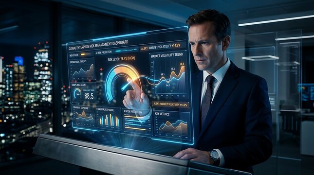 Professional Businessman Analyzing Real Time Financial Market Data on Interactive Futuristic Transparent Digital Display in Modern Office at Night