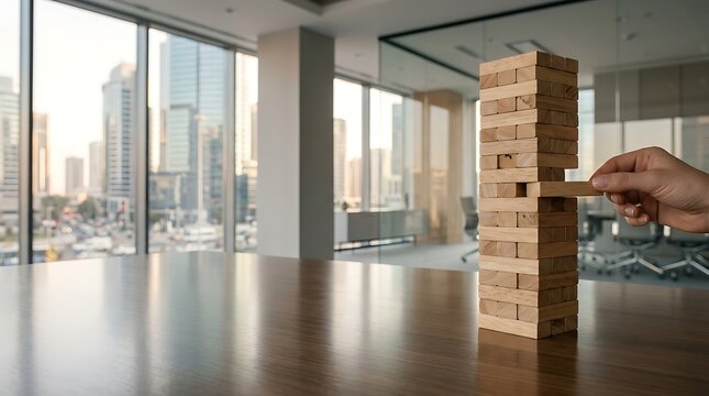 Playing Jenga with a cityscape visible through office windows in the background, symbolizing strategic risk-taking and decision-making