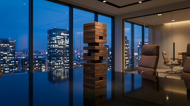 Wooden stacking block tower on a boardroom table with night city skyline views representing business risk and strategy