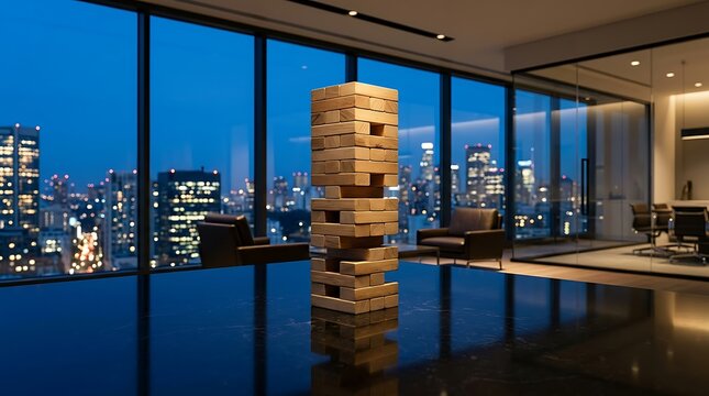 Wooden block tower on a glossy table in a high-rise office, representing business strategy and risk management