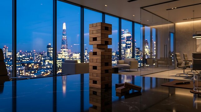 A wooden block stacking game centered on a modern office desk against a panoramic view of a vibrant cityscape at night