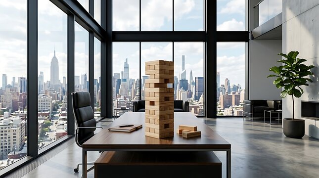 A tall wooden block game on a modern office desk with a cityscape view, reflecting strategic business challenges, careful planning, and the concept of balance