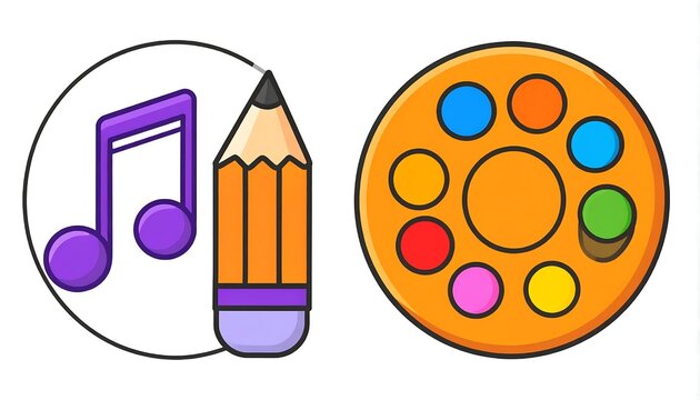 Creative arts and music design elements with pencil and paint palette.
