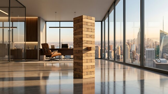 Wooden block tower standing in a modern high-rise office overlooking city skyline symbolizing business risk and strategy