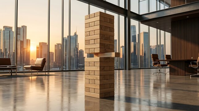 Wooden block tower in modern office against a city skyline at sunset