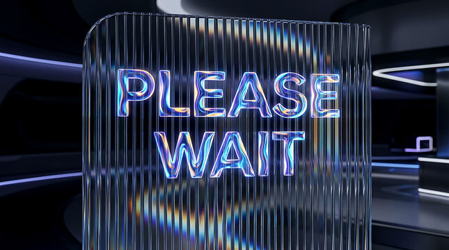 Please Wait text in futuristic neon blue metallic style with digital glitch effect.