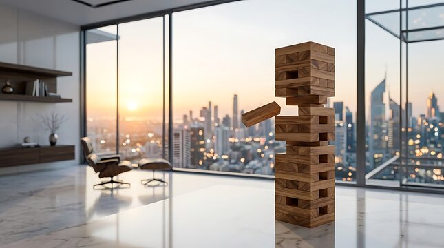 Wooden Block Tower Game Strategy Concept with City Skyline View from Modern Luxury Penthouse Apartment