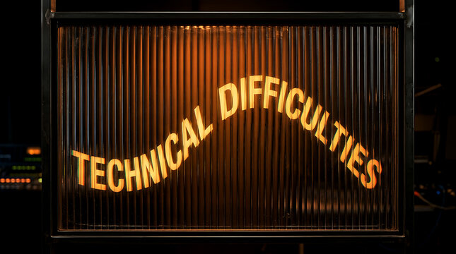 Technical difficulties sign with glowing gold letters on a dark vertical line background.