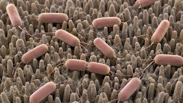 Salmonella Enterica Bacteria on Intestinal Microvilli Surface Ultra Realistic Scanning Electron Microscope SEM Illustration