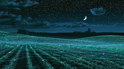 Fototapeta premium Illuminated agricultural field at night, with stars, moon, and distant buildings