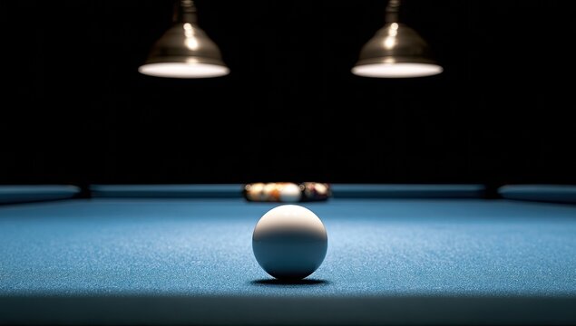 A single white ball sits on a blue felt pool table under overhead lights