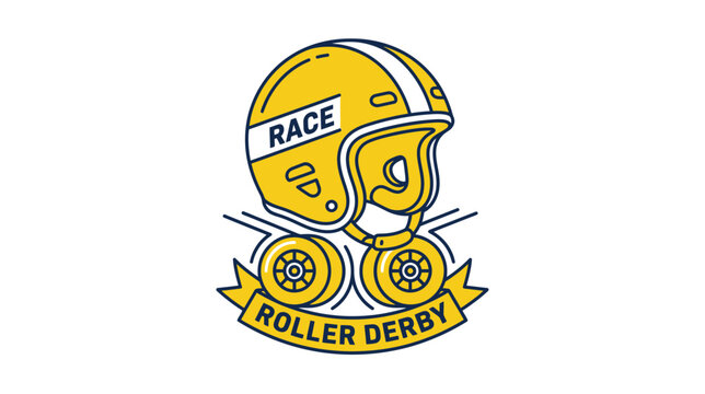 Yellow roller derby helmet with skate wheels and race emblem