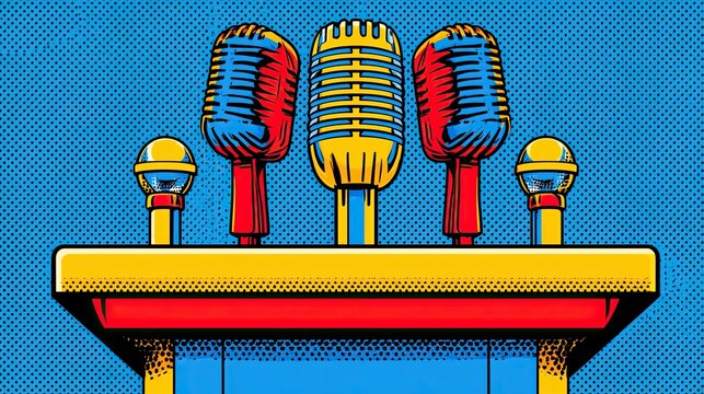 Three vintage microphones on a colorful stage podium against a dotted blue backdrop