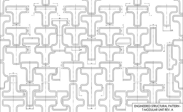 Technical Blueprint of a Repeating T-Shaped Modular Structural Pattern for Engineering and Architectural Design