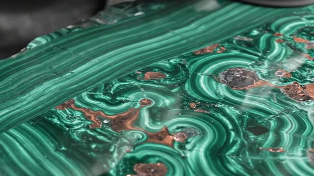 Malachite Slab Being Polished With Rotating Buffing Wheel, Revealing Vibrant Green Banding And Copper Inclusions. Macro Close View Shows Swirling Texture, Glossy Luster, Fine Abrasive Residue, Slow