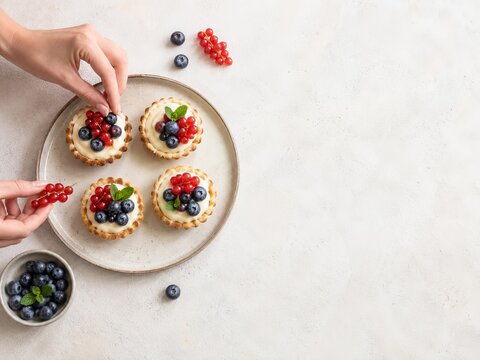 Preparar tartas de frutas en una mesa con manos que decoran los postres con frutos rojos y ar&aacute;ndanos