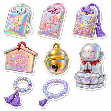 3D Puffy Sticker Set of Japanese Lucky Charms: Omamori, Ema, Suzu Bell, Juzu Beads, and Cute Jizo Statue with Holographic Iridescent Texture