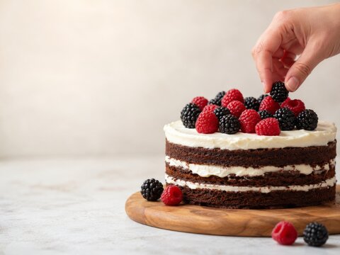 Preparar un pastel con frambuesas y moras en una mesa de cocina