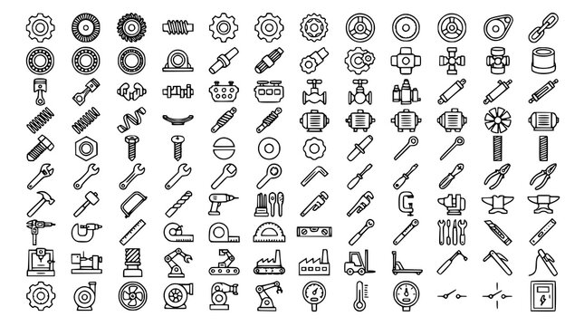 Prompt:
A premium monochrome black editable outline vector icon set featuring 100 mechanical parts, engineering tools, and industrial machinery icons arranged in a perfectly aligned grid on a solid wh