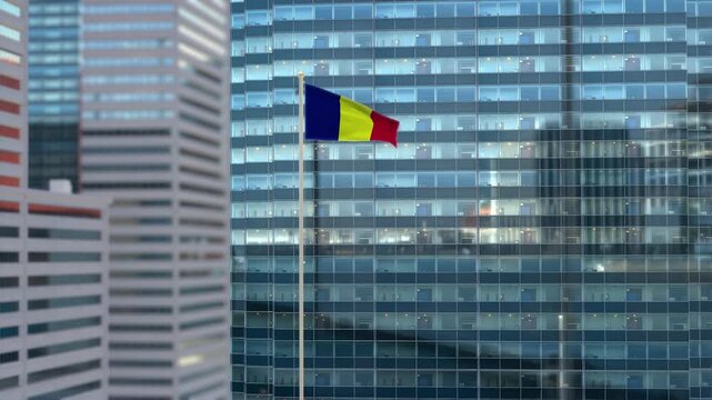 Chad Flag 3D Render Animation Waving Against Glass Office Building - Daylight Scene