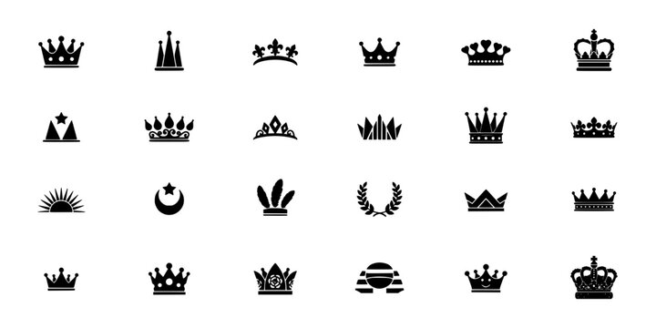 Crowns and Royal Symbols Arranged in a 4x6 Grid of Black Icons Featuring Crown, Symbol, Icon with Silhouette and Crown Icon Elements for Crown