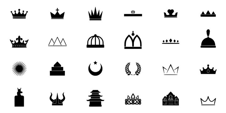 Crowns and Royal Symbols Arranged in a 4x6 Grid with Various Designs and Styles Featuring Crown, Symbol, Icon with Design and Vector Elements