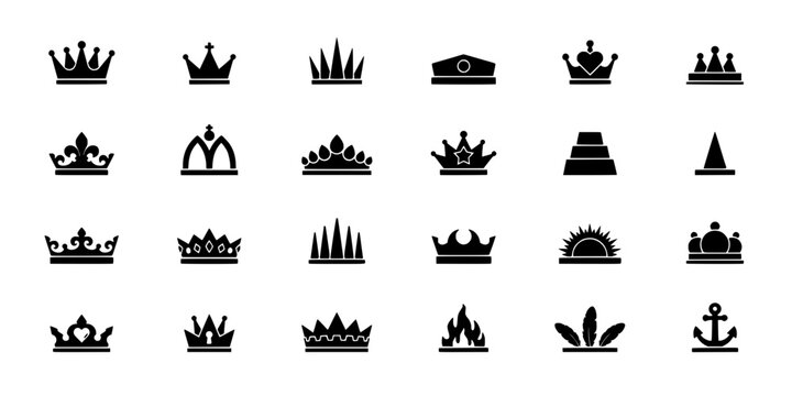 Crowns and Royal Symbols in a Collection of 24 Distinct Icons Arranged in a 4x6 Grid Featuring Crown, Symbol, Icon with Design and Vector Elements
