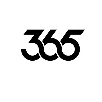 Modern geometric 365 number logo design, bold black digits intertwined on a clean white background, symbolizing daily, yearly, or continuous concepts.