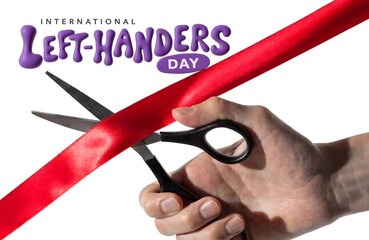 International left-handers day concept with left hand cutting red ribbon