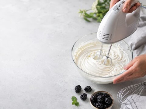Preparar crema con batidora y moras en una cocina