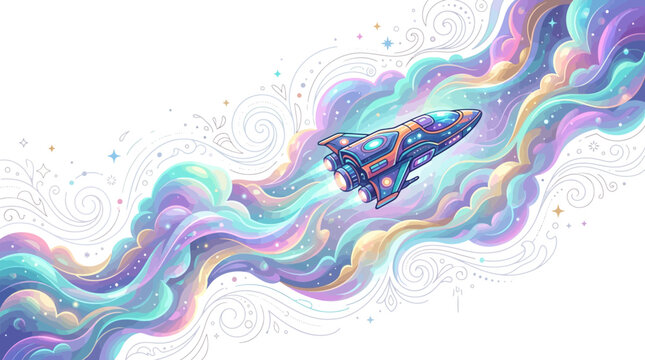 Colorful spaceship flying through swirly rainbow clouds and stars