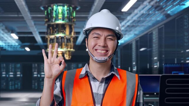 Close Up Of Asian Male Engineer With Safety Helmet Smiling And Showing Okay Gesture To The Camera While Standing at Futuristic Quantum Computer Data Center Control Room