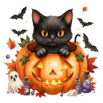 Cute Halloween black cat inside pumpkin lantern 