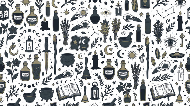 Mystical Witchcraft Symbols Pattern: Magic Potions, Skulls, Candles, and Spellbooks