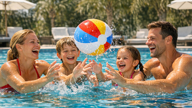 Happy family enjoys playful time in pool with sports ball.
