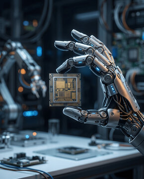 Robot Hand Holding Microchip
